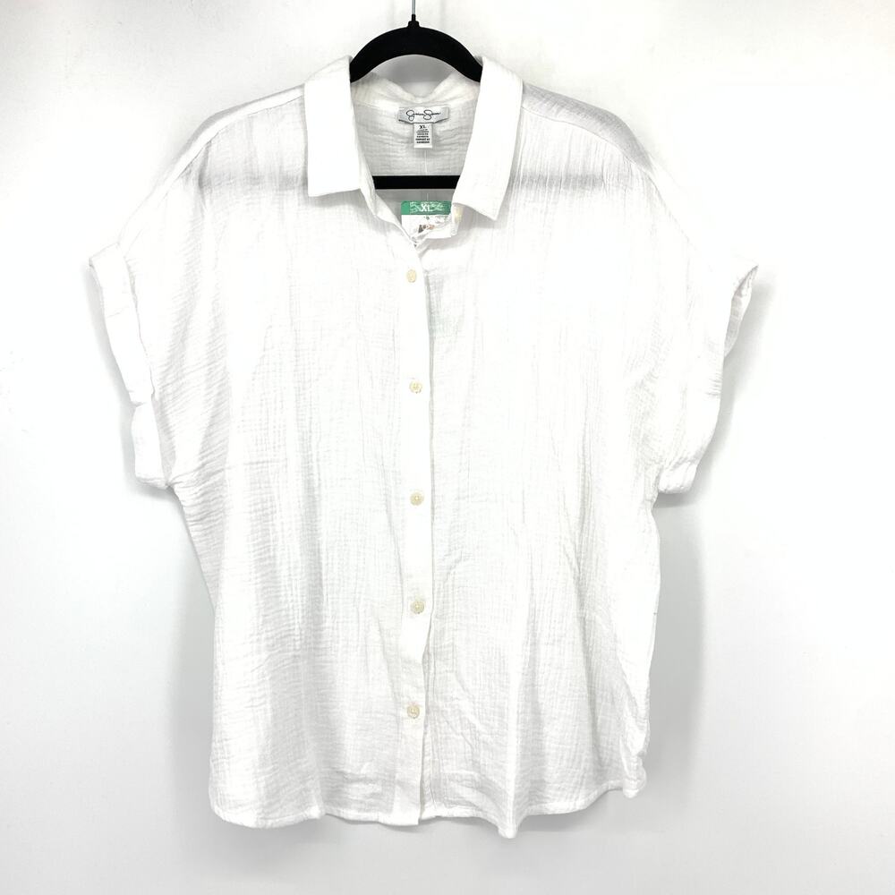 Jessica Simpson Collared Gauze Cotton Short Sleeve Shirt Womens Sz XL White NEW